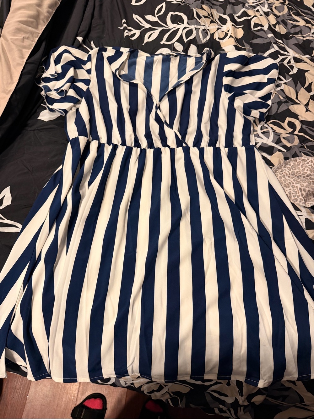 SHEIN Navy and White Vertical Stripe Wrap Midi Dress